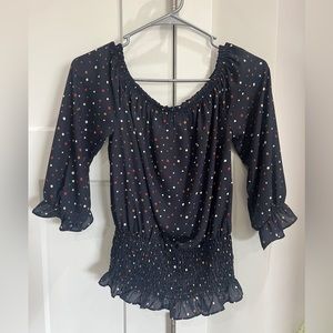 West Kei Womens Colesy Blouse Size Small Navy Polka Dot Off The Shoulder Top